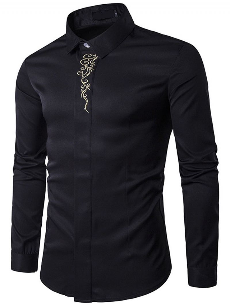 Lapel Floral Brodery Slim Spring Shirt Til Mænd