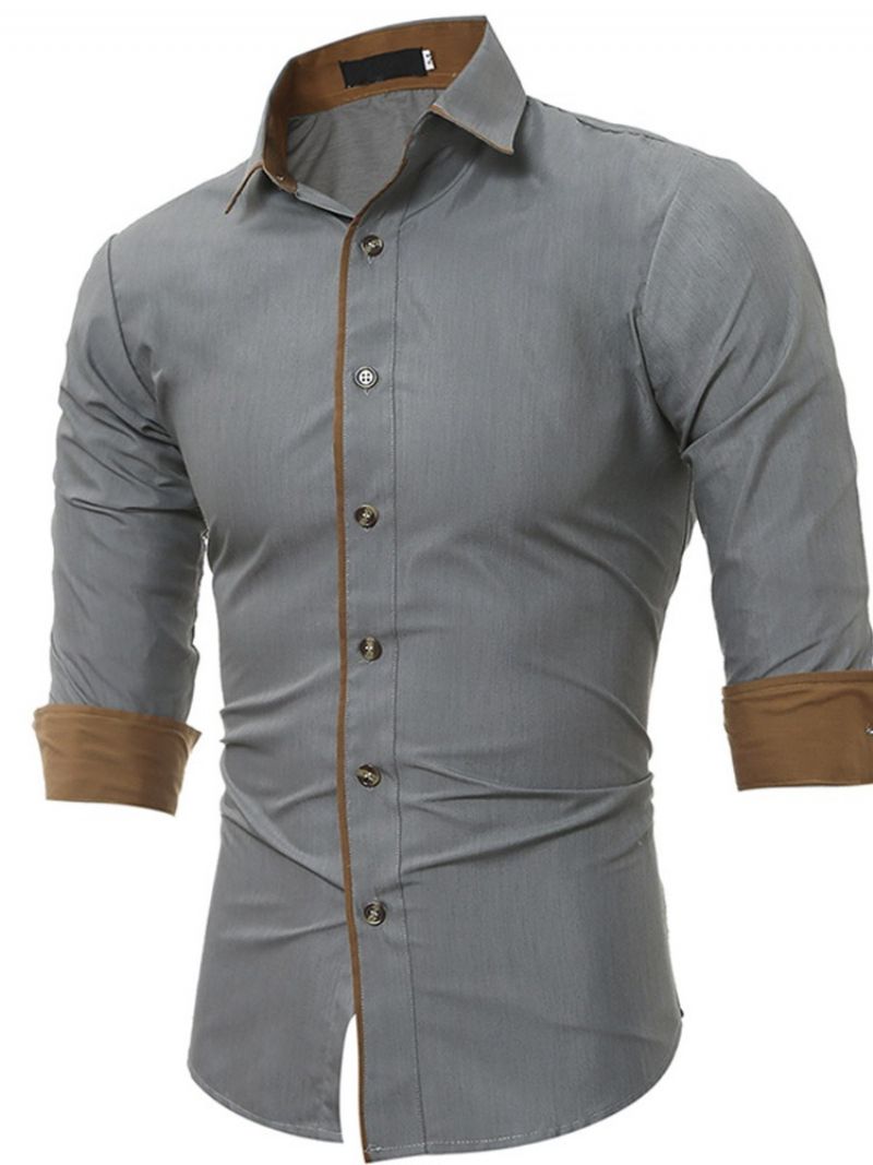 Lapel Patchwork Single-Breasted Slim Shirt Til Mænd