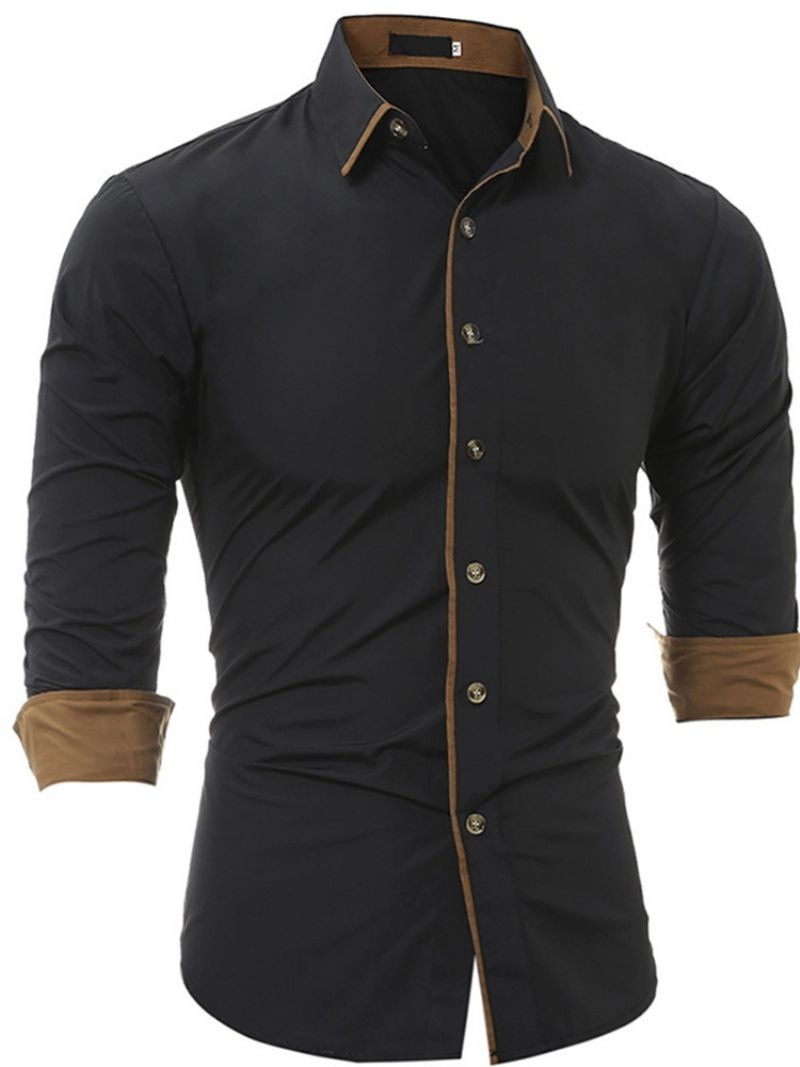 Lapel Patchwork Single-Breasted Slim Shirt Til Mænd