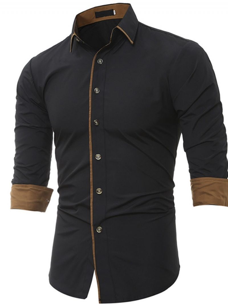 Lapel Patchwork Single-Breasted Slim Shirt Til Mænd