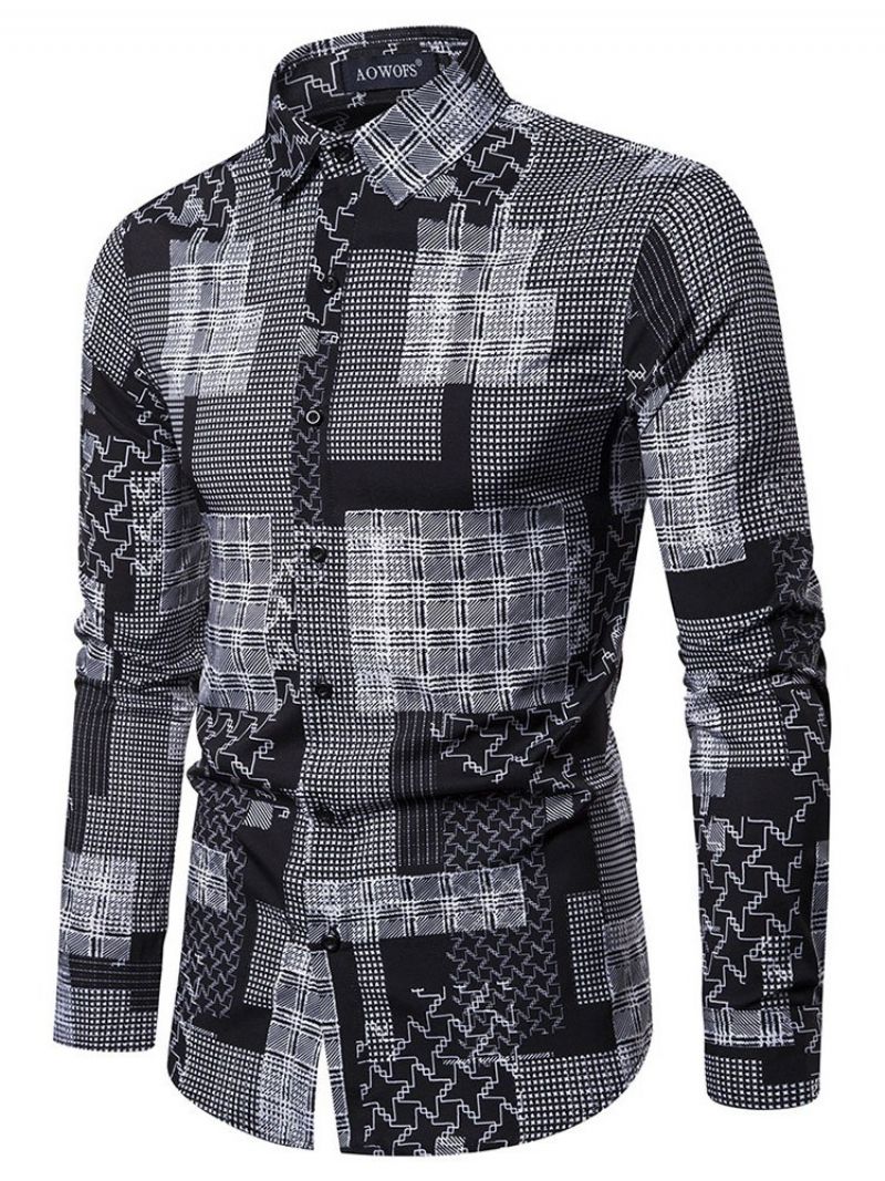 Lapel Plaid Print Spring Single-Breasted Herreskjorte