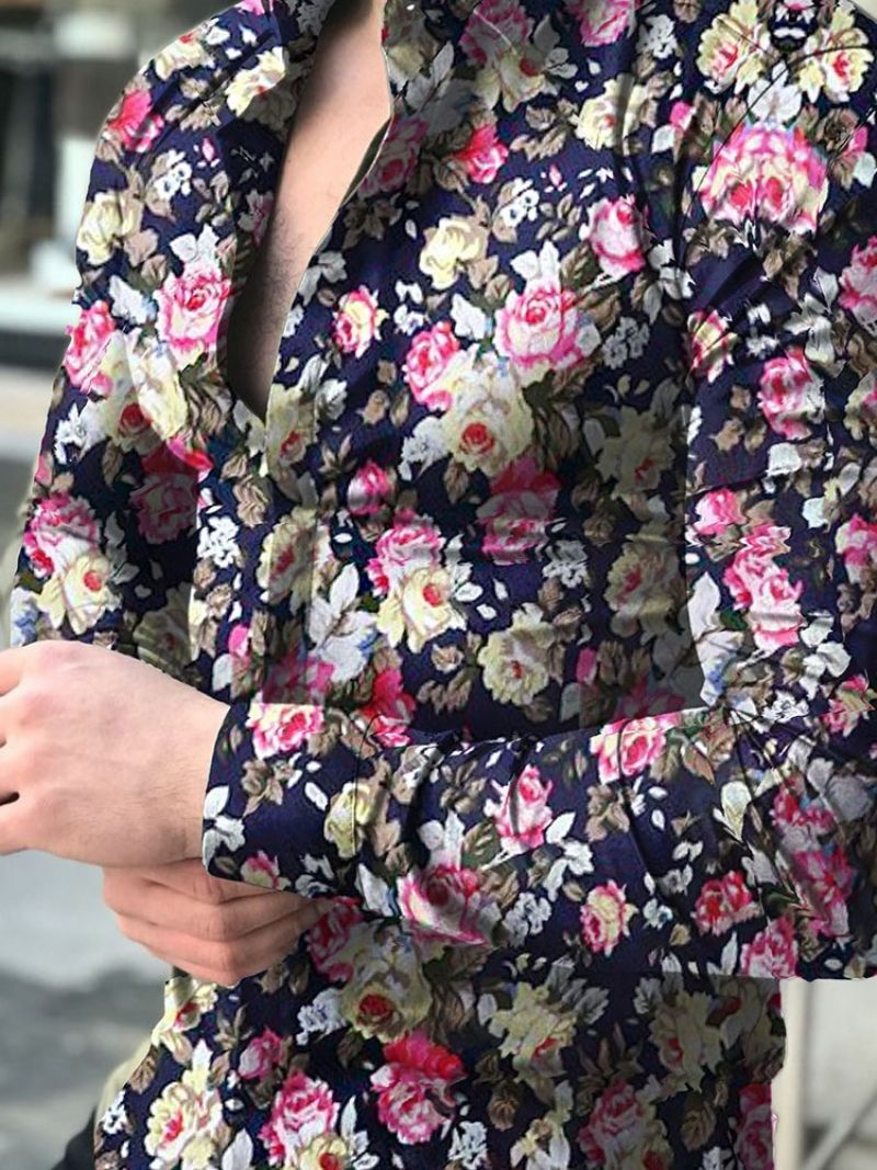 Lapel Print Floral Single-Breasted Slim Shirt Til Mænd