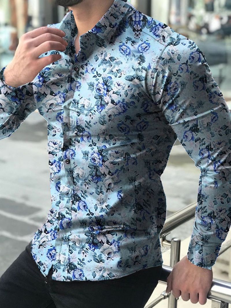 Lapel Print Floral Single-Breasted Slim Shirt Til Mænd