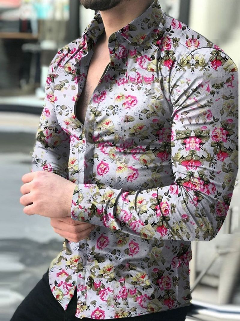 Lapel Print Floral Single-Breasted Slim Shirt Til Mænd