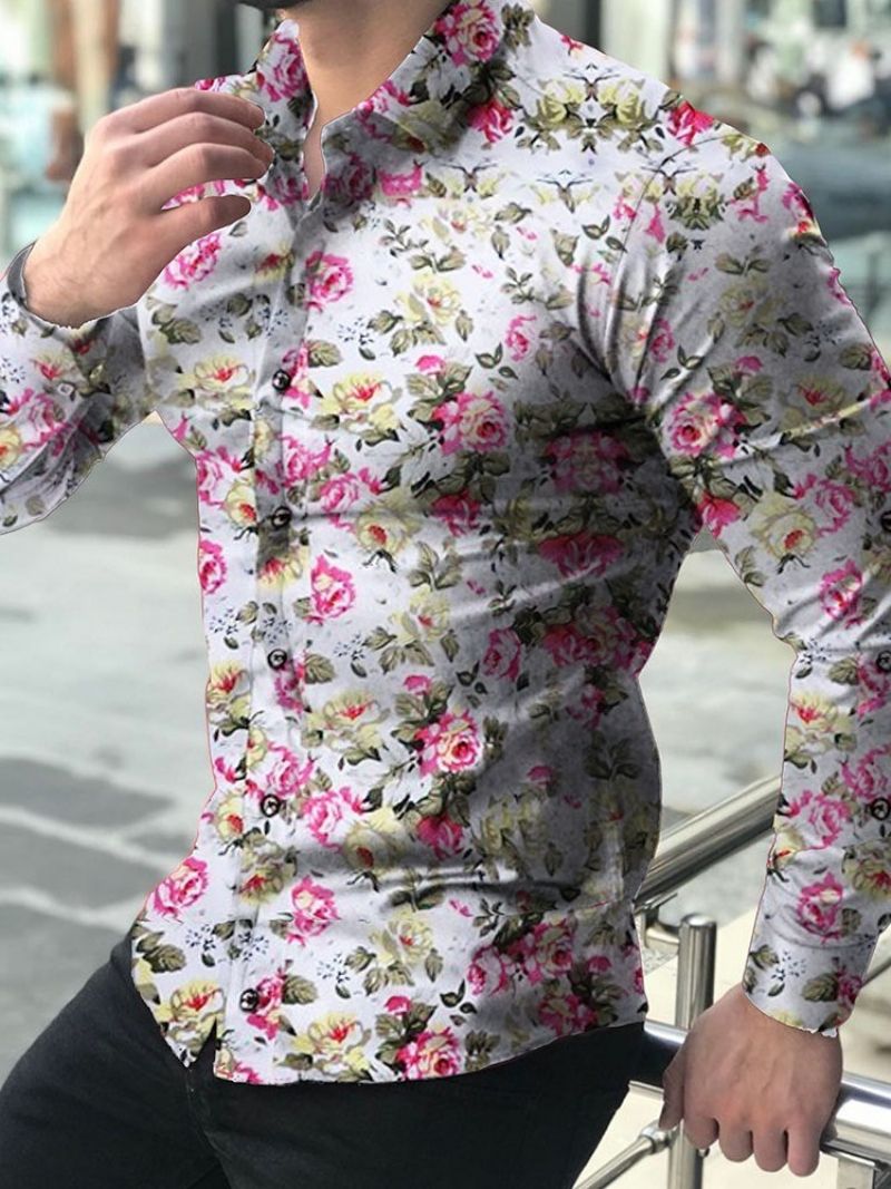 Lapel Print Floral Single-Breasted Slim Shirt Til Mænd