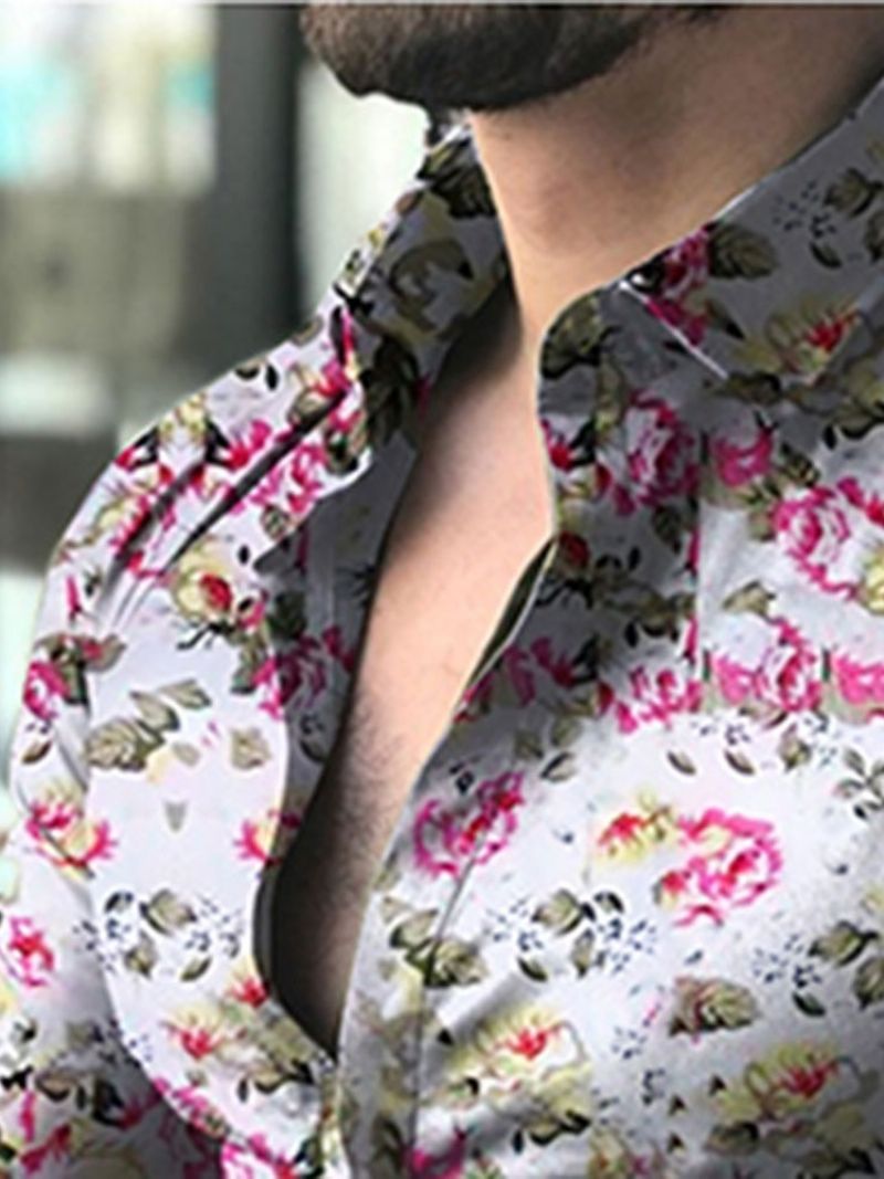 Lapel Print Floral Single-Breasted Slim Shirt Til Mænd