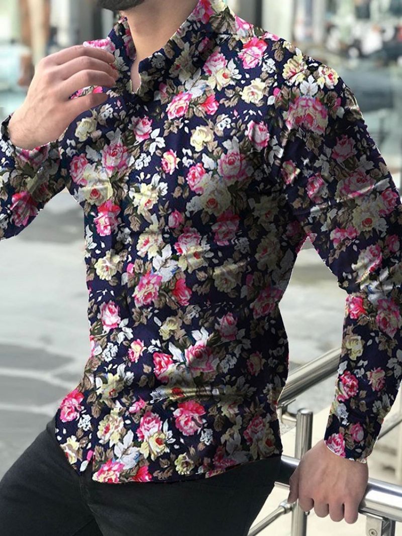 Lapel Print Floral Single-Breasted Slim Shirt Til Mænd