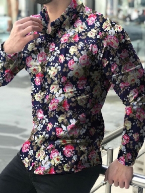 Lapel Print Floral Single-Breasted Slim Shirt Til Mænd