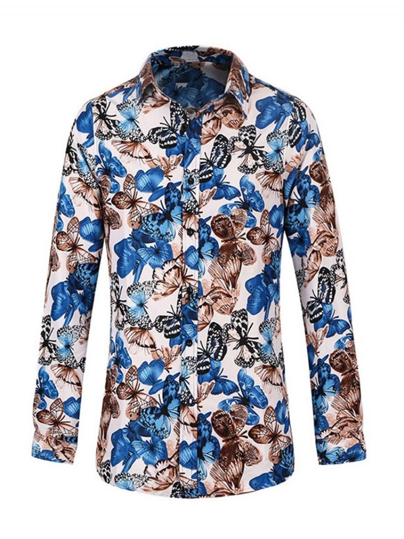 Lapel Print Floral Single-Breasted Slim Shirt Til Mænd