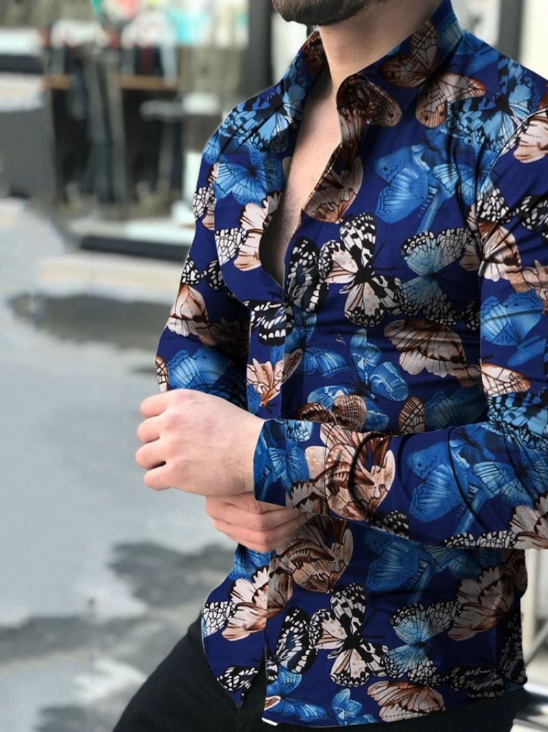 Lapel Print Floral Single-Breasted Slim Shirt Til Mænd