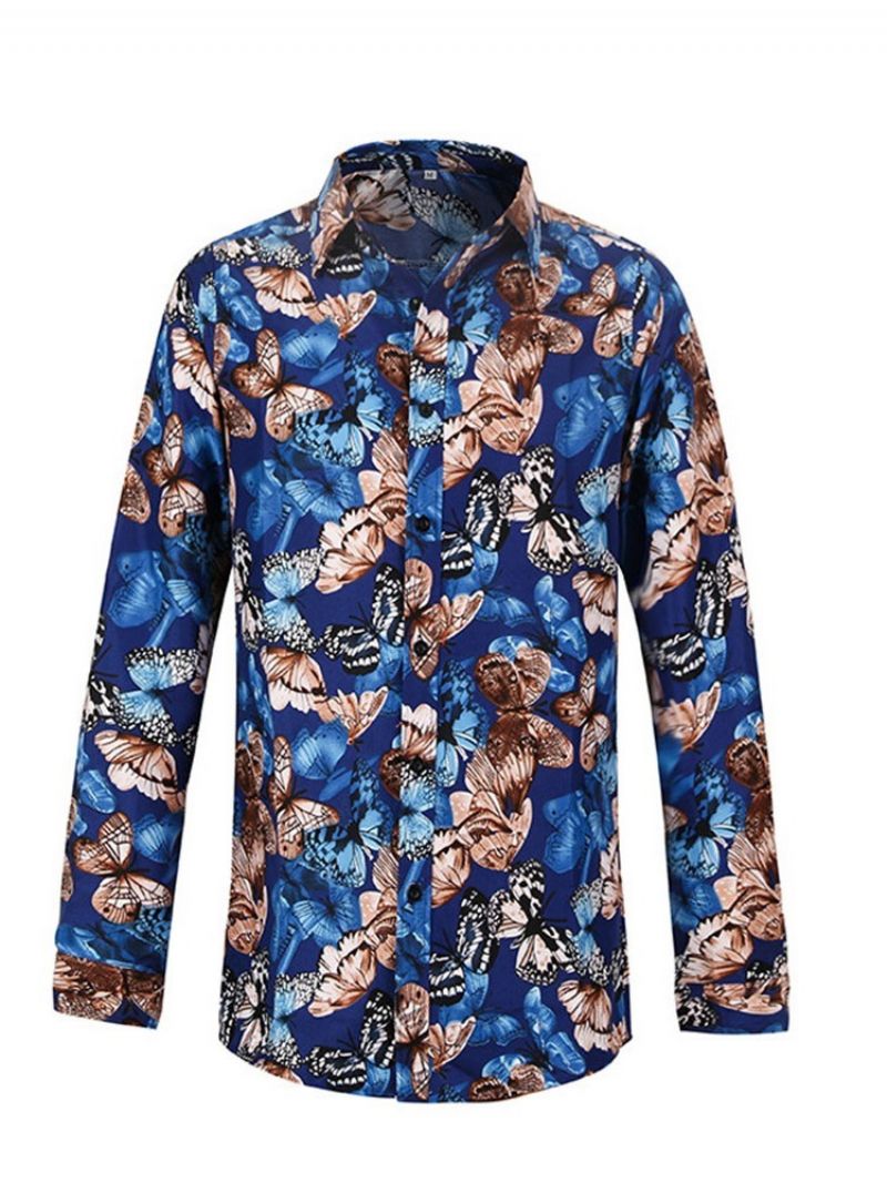 Lapel Print Floral Single-Breasted Slim Shirt Til Mænd