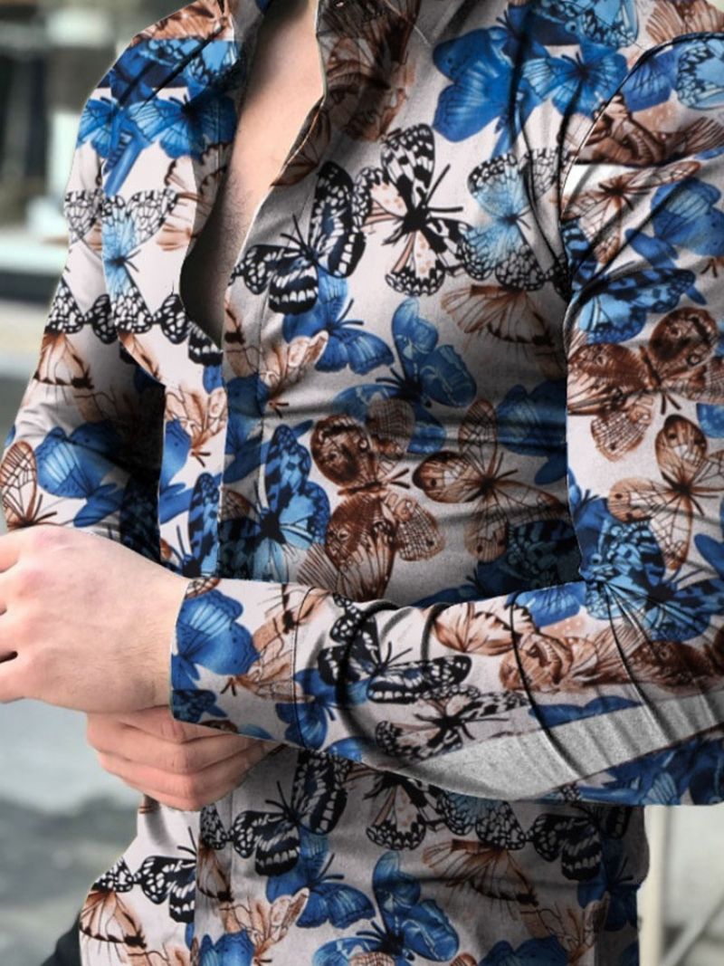 Lapel Print Floral Single-Breasted Slim Shirt Til Mænd