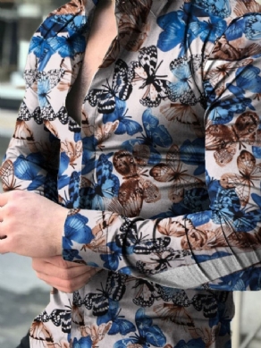 Lapel Print Floral Single-Breasted Slim Shirt Til Mænd