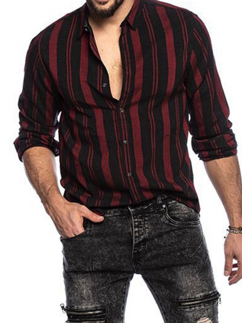 Lapel Stripe Print Single-Breasted Casual Slim Shirt