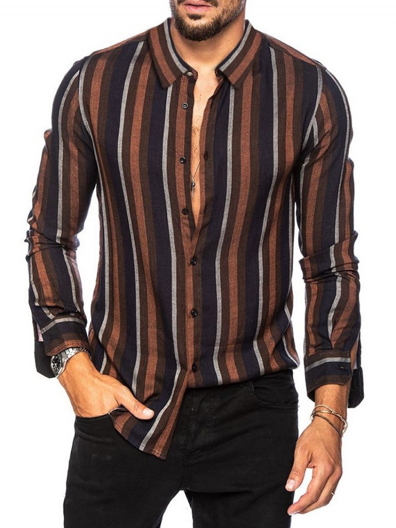 Lapel Stripe Print Single-Breasted Casual Slim Shirt