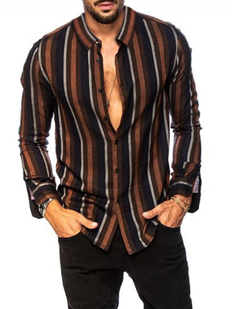 Lapel Stripe Print Single-Breasted Casual Slim Shirt