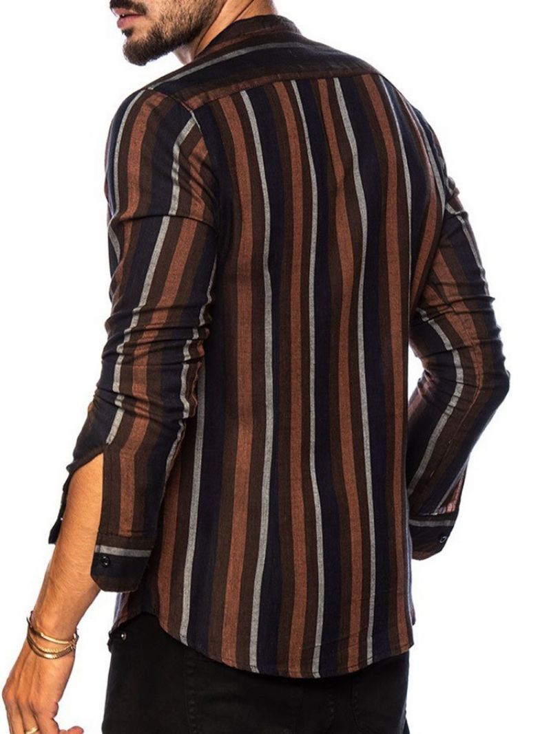 Lapel Stripe Print Single-Breasted Casual Slim Shirt