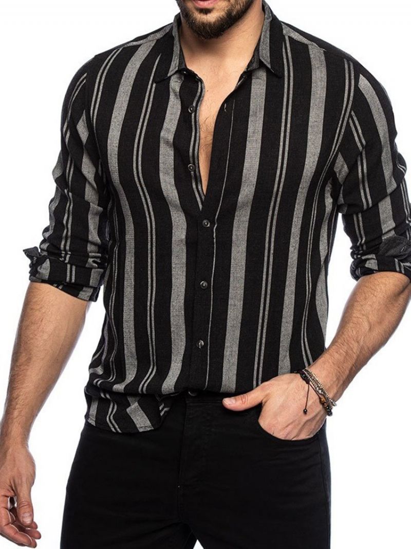 Lapel Stripe Print Single-Breasted Casual Slim Shirt