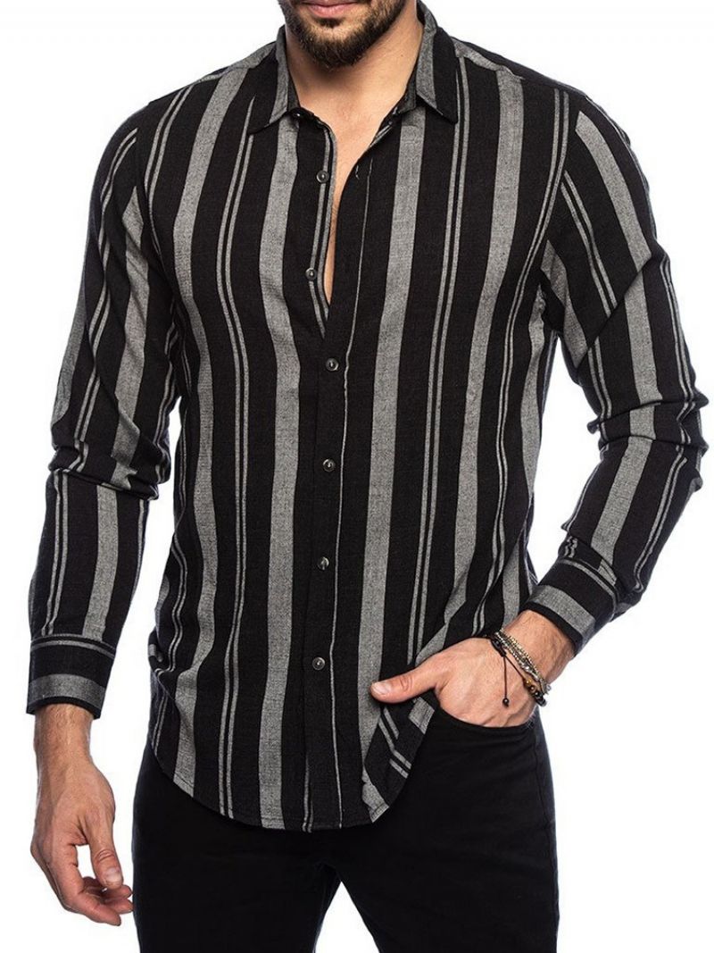 Lapel Stripe Print Single-Breasted Casual Slim Shirt