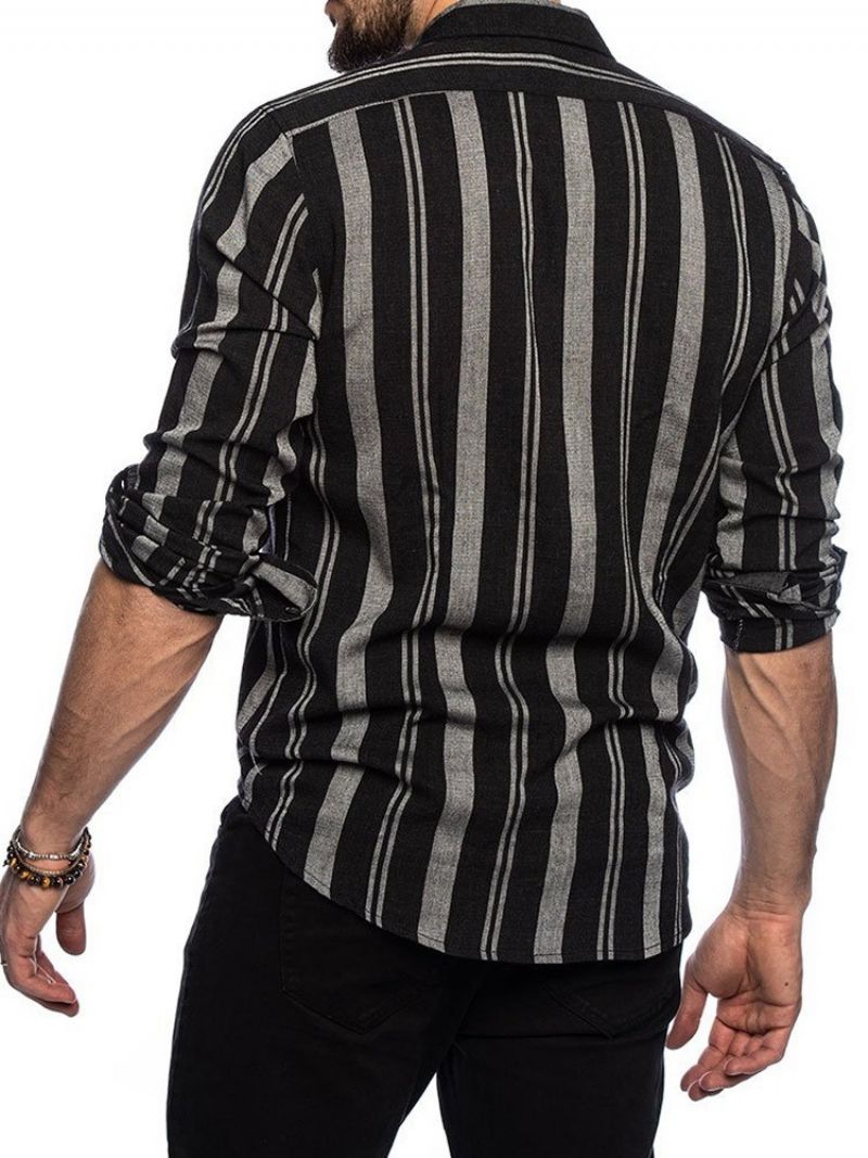 Lapel Stripe Print Single-Breasted Casual Slim Shirt