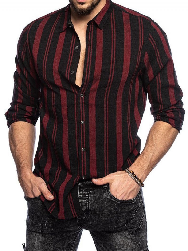 Lapel Stripe Print Single-Breasted Casual Slim Shirt