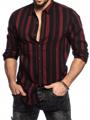 Lapel Stripe Print Single-Breasted Casual Slim Shirt