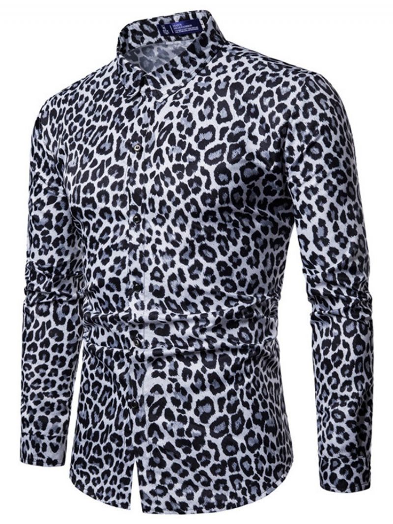 Leopardprintede Lapel-Slanke Mænds Fritidsskjorter