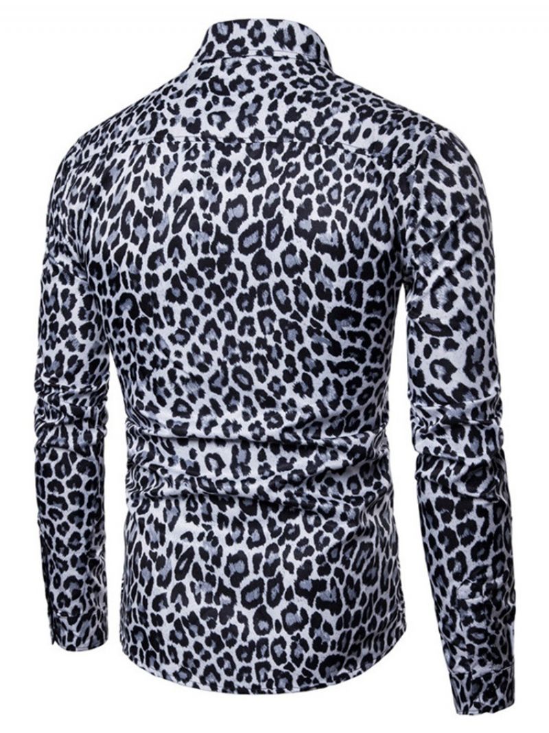 Leopardprintede Lapel-Slanke Mænds Fritidsskjorter