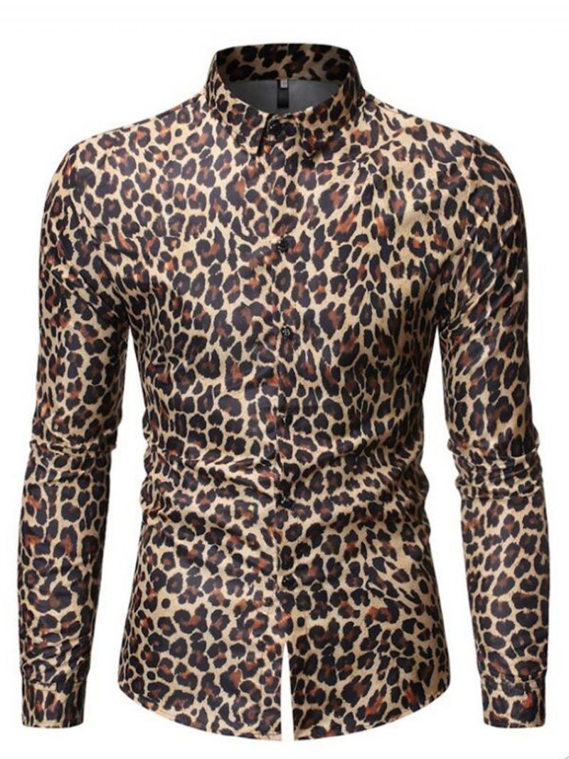 Leopardprintede Lapel-Slanke Mænds Fritidsskjorter