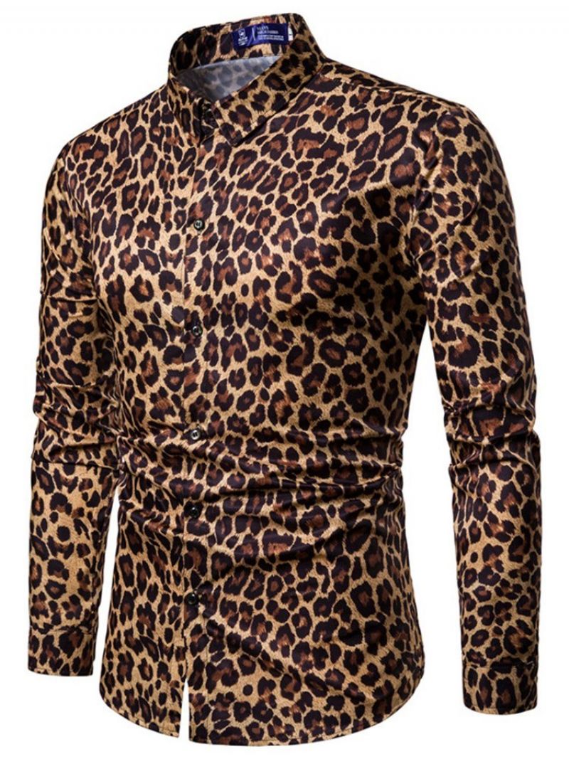 Leopardprintede Lapel-Slanke Mænds Fritidsskjorter