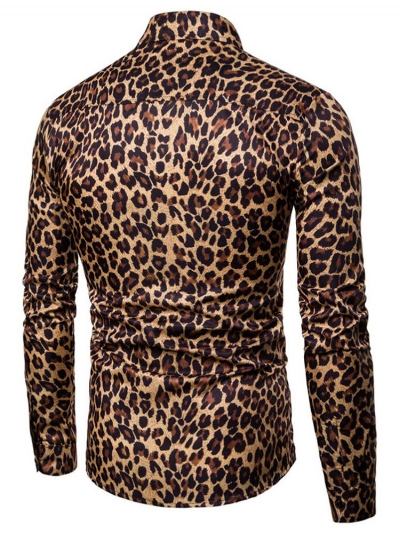 Leopardprintede Lapel-Slanke Mænds Fritidsskjorter