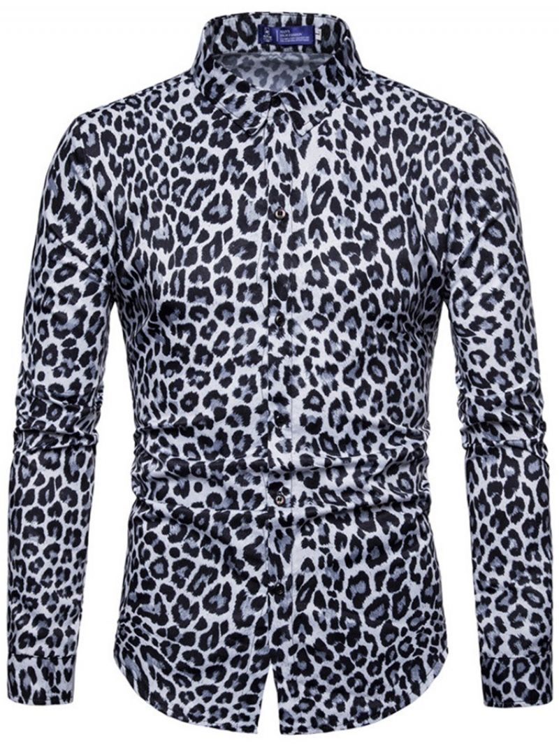 Leopardprintede Lapel-Slanke Mænds Fritidsskjorter