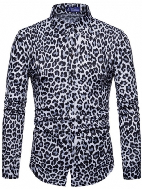 Leopardprintede Lapel-Slanke Mænds Fritidsskjorter