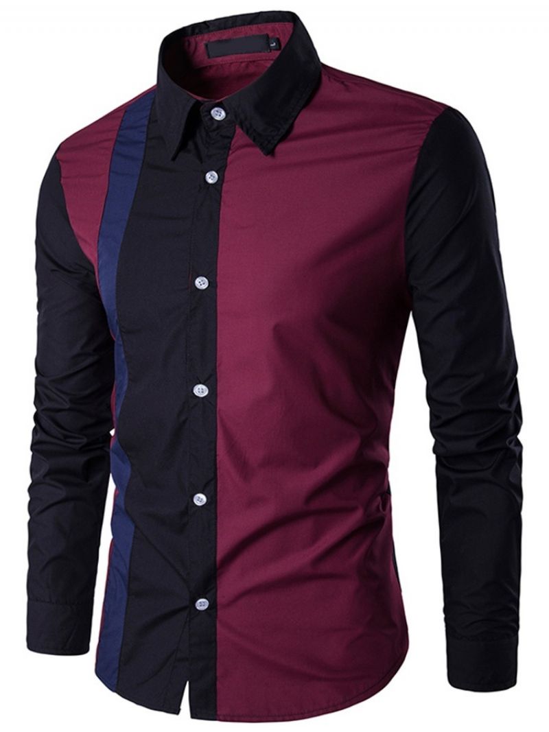 Patchwork Color Block Lapel Fall Slim Shirt