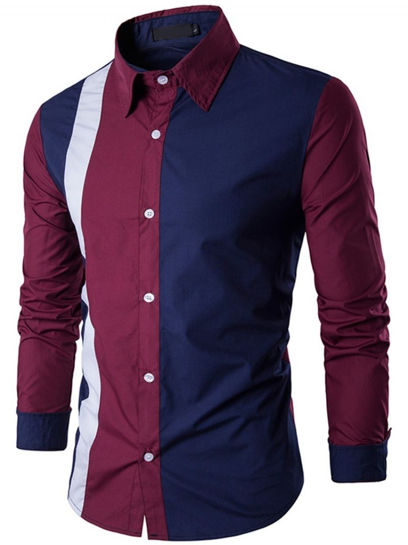 Patchwork Color Block Lapel Fall Slim Shirt