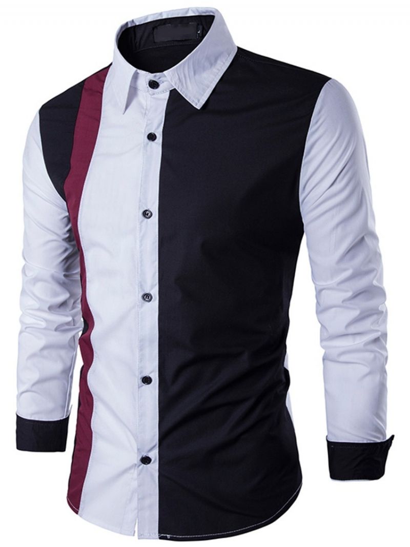 Patchwork Color Block Lapel Fall Slim Shirt