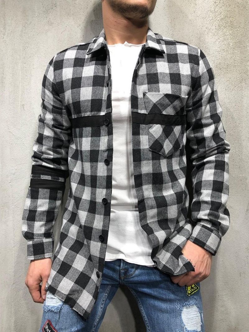 Plaid Lapel Patchwork Enkeltradet Efterårsskjorte