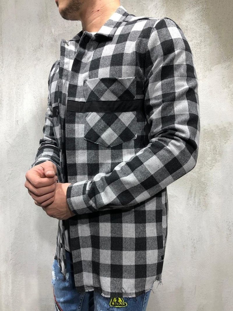 Plaid Lapel Patchwork Enkeltradet Efterårsskjorte