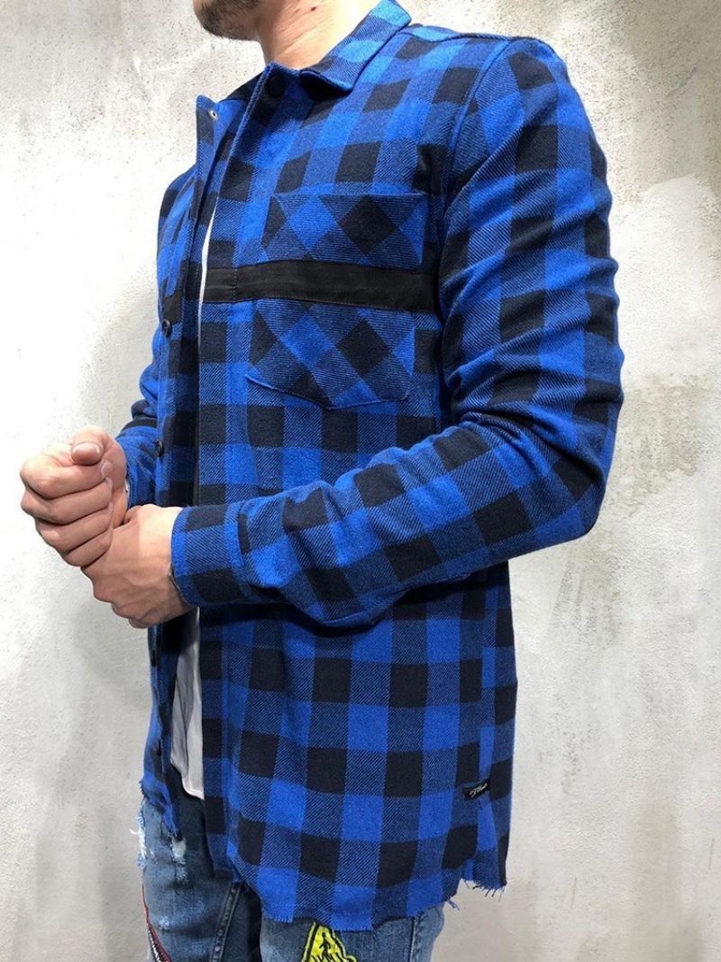 Plaid Lapel Patchwork Enkeltradet Efterårsskjorte