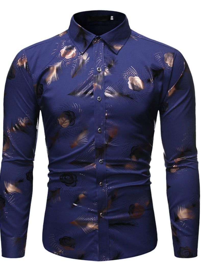 Print Lapel Casual Single-Breasted Slim Shirt Til Mænd