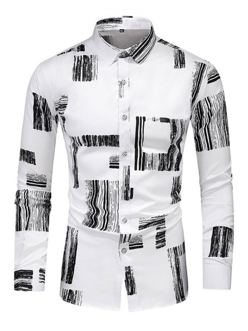 Print Lapel Mode Single-Breasted Slim Shirt Til Mænd