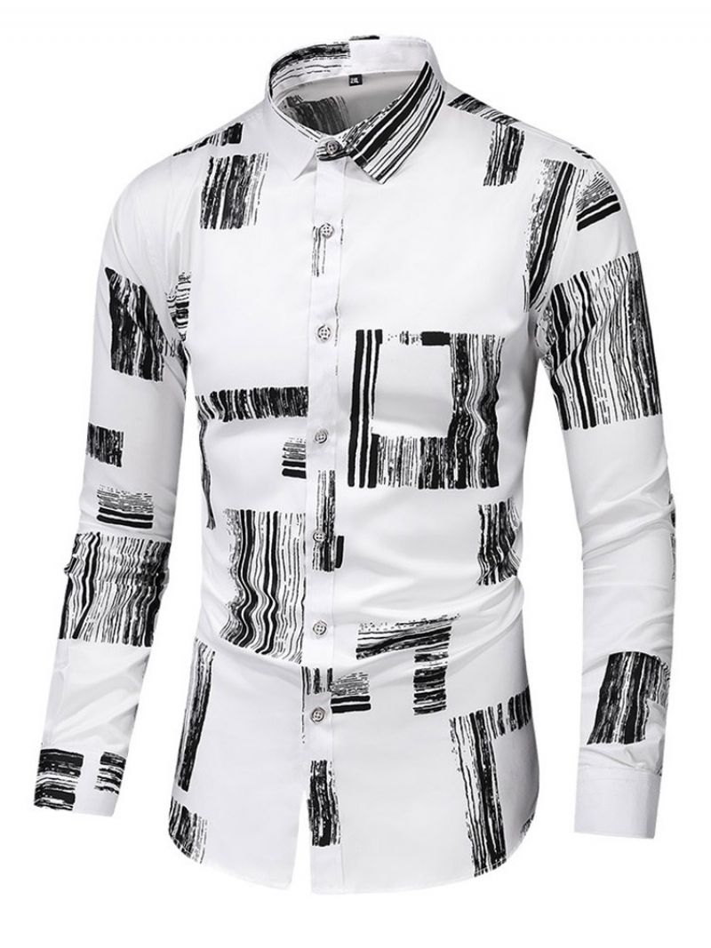 Print Lapel Mode Single-Breasted Slim Shirt Til Mænd