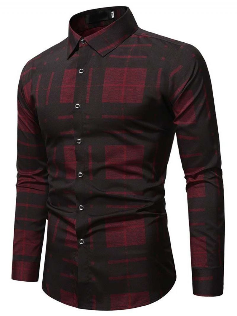 Print Lapel Plaid Fall Slim Shirt