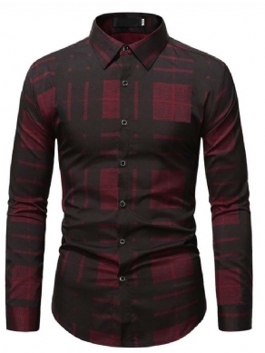 Print Lapel Plaid Fall Slim Shirt