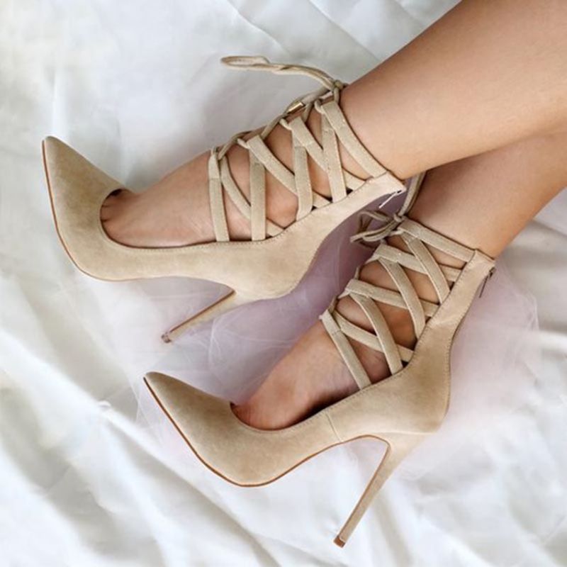 Beige Cross Strap Pointed Toe Pumps