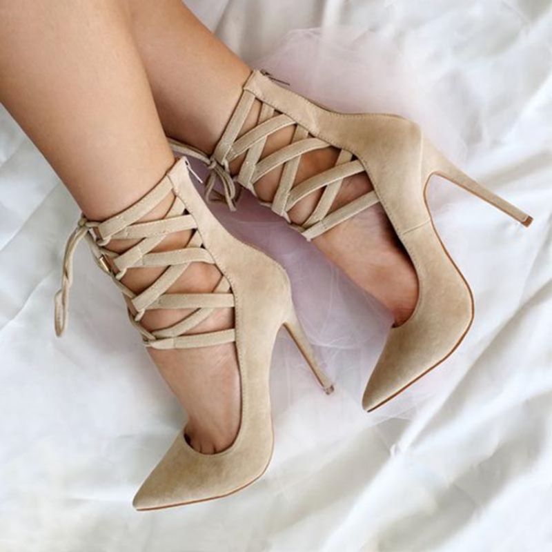 Beige Cross Strap Pointed Toe Pumps