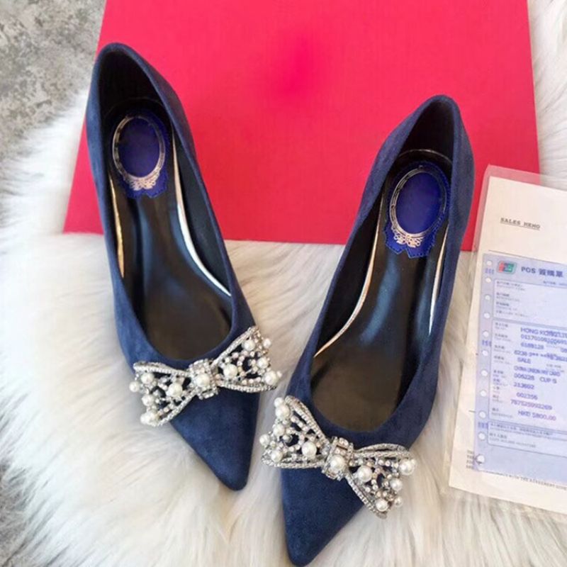 Bowknot Beads Slip-On Spidstå Chunky Heel Dame Pumps