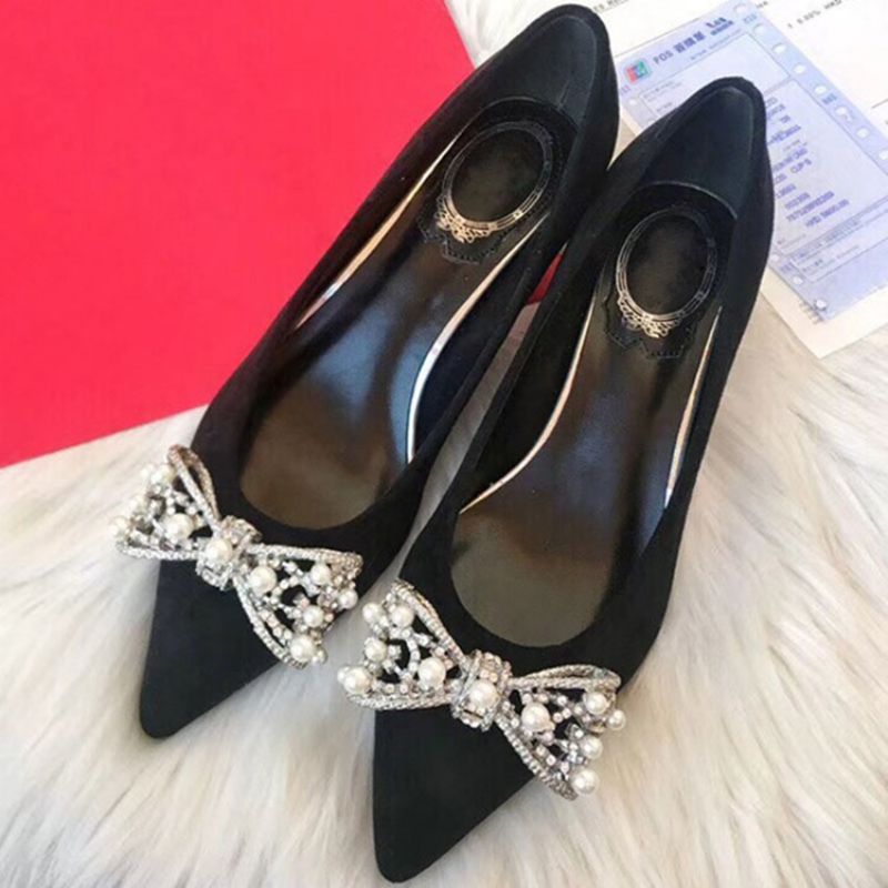 Bowknot Beads Slip-On Spidstå Chunky Heel Dame Pumps