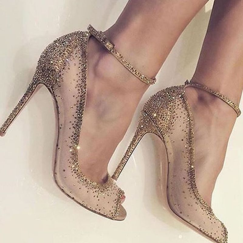 Golden Rhinestone Peep Toe Stiletto Heel Pumps