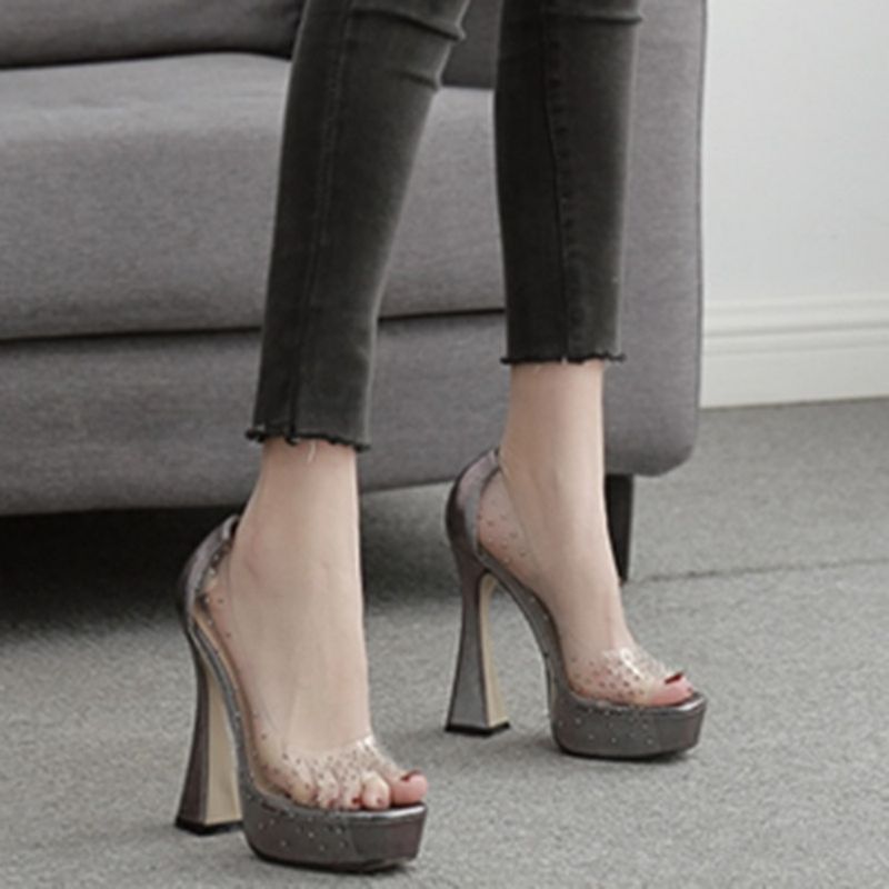 Rhinestone Peep Toe Chunky Heel Casual Pumps